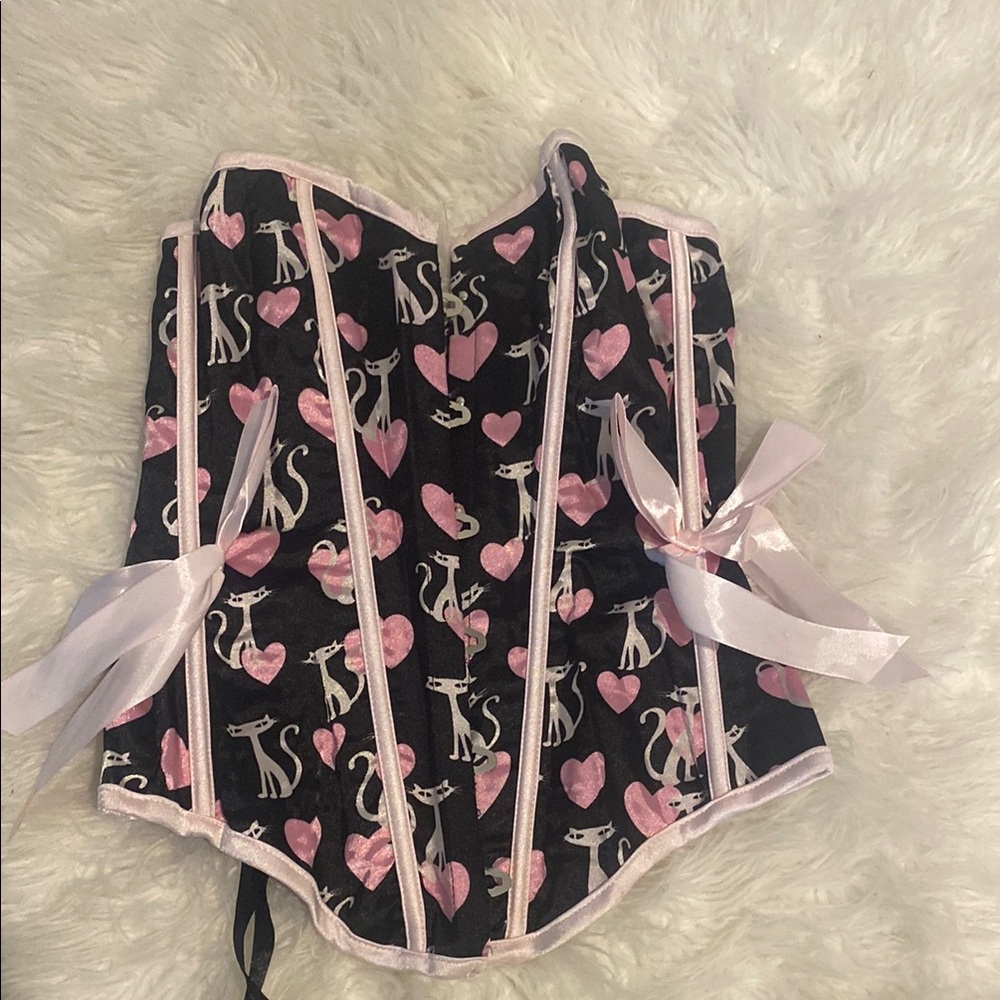 Black Corset with Pink Hearts and Cats